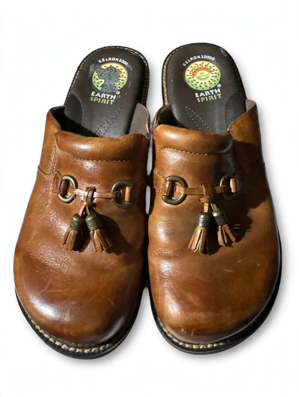 Earth Spirit Brown Leather Tassel Clogs Gelron 2000 Comfort Wedges